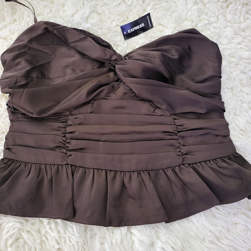 Express Satin Twist Front Peplum Tube Top
